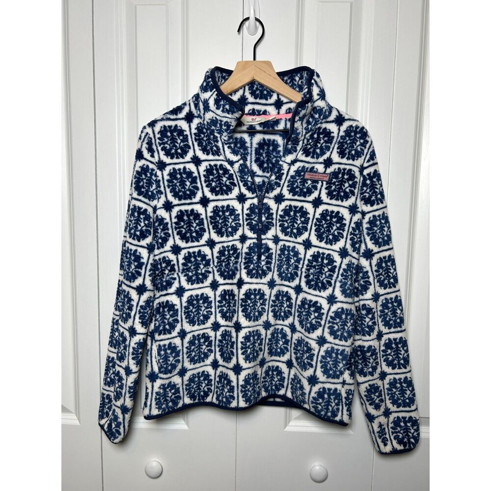 Vineyard Vines Island Tile Printed Teddy Fleece Half Zip Pullover Size S Blue Wh